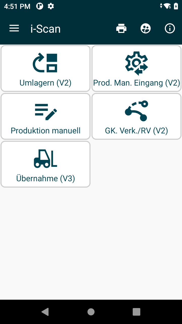Hauptmenü mit Kachel Produktion manuell